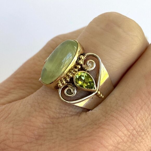 Michou Sterling Silver 925 Vermeil Oval Prehnite Peridot Scrollwork Ring Sz 6.25 - Picture 7 of 16